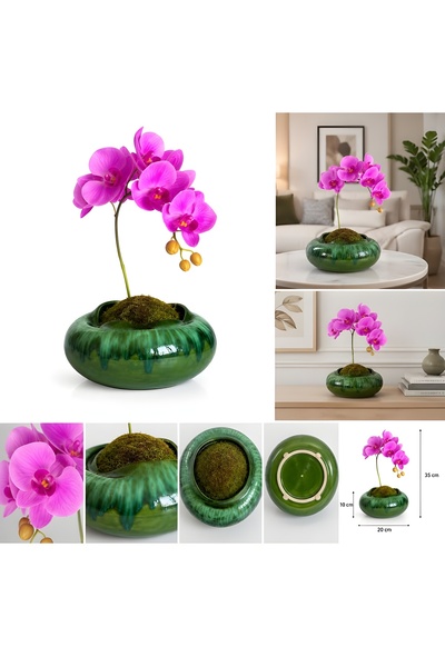 Canlı/Doğal Görünümlü Pembe Orkide - Dekoratif Yeşil Seramik Saksı İle